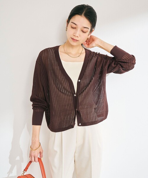 JEAN PAUL GAULTIERリブ編みダークブラウンカーディガン 48 セール】シャーリー ハリヌキ Vネック ニット カーディガン