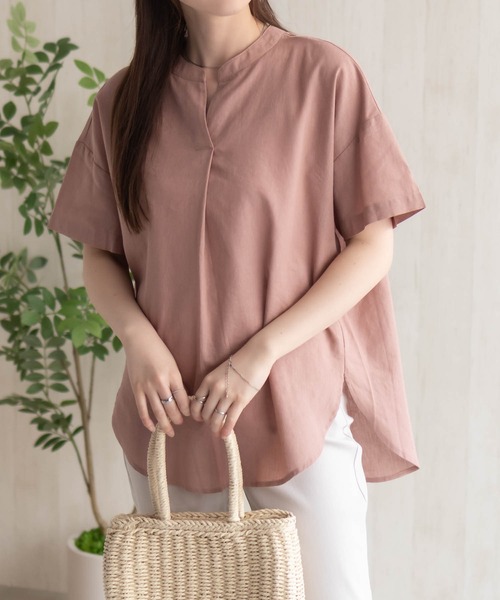 HusHusH（ハッシュアッシュ）の「HusHusH 麻混スキッパーブラウス（シャツ/ブラウス・レディース・グレイッシュベージュ/ブラック/コーラルピンク・M/L）」の3枚目の写真