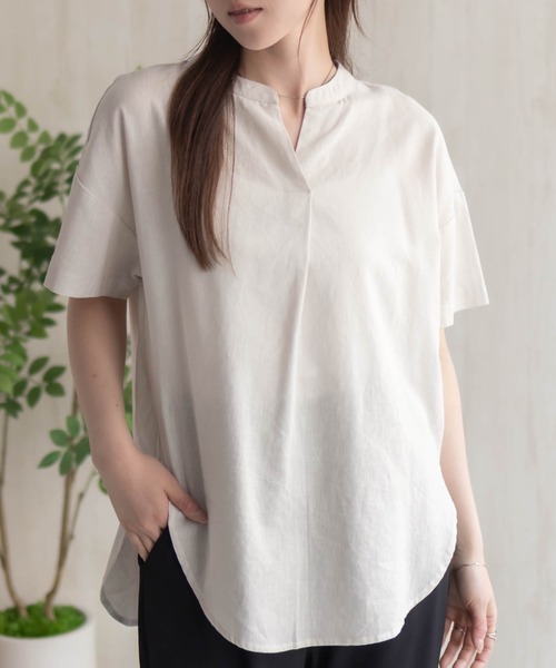 HusHusH（ハッシュアッシュ）の「HusHusH 麻混スキッパーブラウス（シャツ/ブラウス・レディース・グレイッシュベージュ/ブラック/コーラルピンク・M/L）」の7枚目の写真