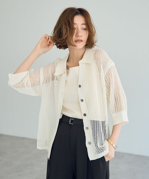 Editt by YECCA VECCA（エディットバイイェッカヴェッカ）の「ペーパーヤーン衿付きメッシュカーディガン（カーディガン/ボレロ・レディース・ブラック/オフホワイト/ベージュ・FREE）」の2枚目の写真