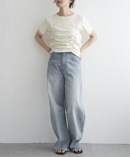 ■韓国■ ハイウェスト ラップデザイン シャーリング ヌーディー ビスチェ風シャーリングトップス（Tシャツ/カットソー）｜notch