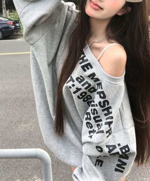Songe（ソンジュ）の「レタープリントワンショルダーロンT（Tシャツ/カットソー・レディース・グレー/ベージュ・M/L）」の9枚目の写真