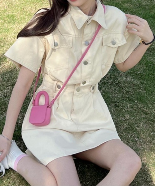 semplice（センプリチェ）の「夏のキャンパス風 ポケットデザイン シャツ柄 ミニワンピース【韓国ファッション】（ワンピース・レディース・ピンク/イエロー・M/L）」の5枚目の写真