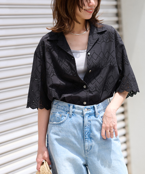 追加》コットンカットワーク刺繍開襟シャツ（シャツ/ブラウス