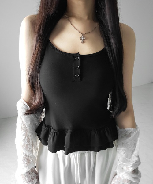 3color ／ カップ付き 】裾フリルレイヤードヘンリーネック