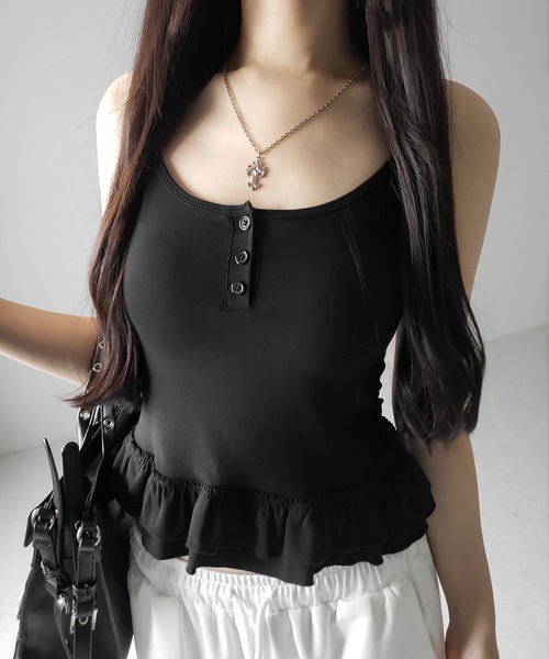 3color ／ カップ付き 】裾フリルレイヤードヘンリーネック