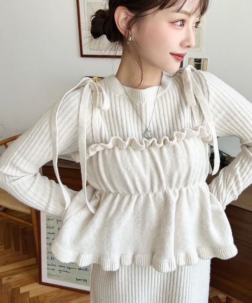 セール】シャーリングギャザーリボンキャミ＋ニットワンピースセット