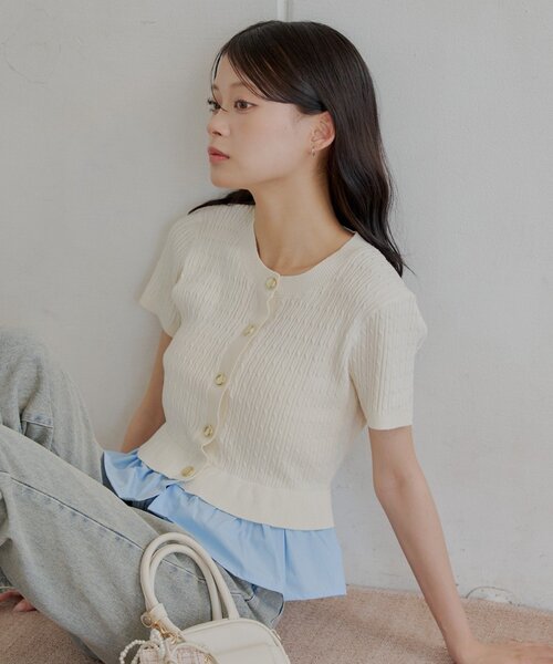 裾ドッキングケーブル半袖ニット