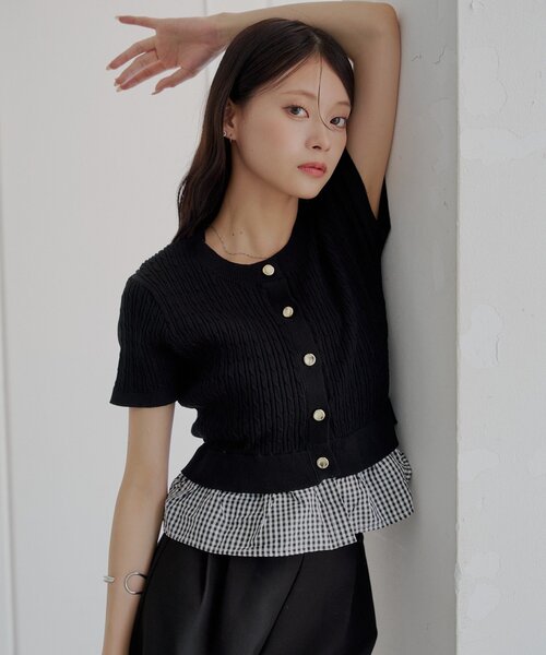 裾ドッキングケーブル半袖ニット