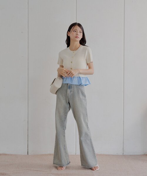 裾ドッキングケーブル半袖ニット