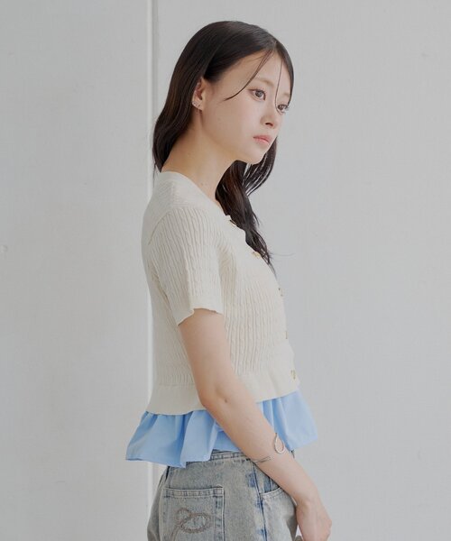 裾ドッキングケーブル半袖ニット