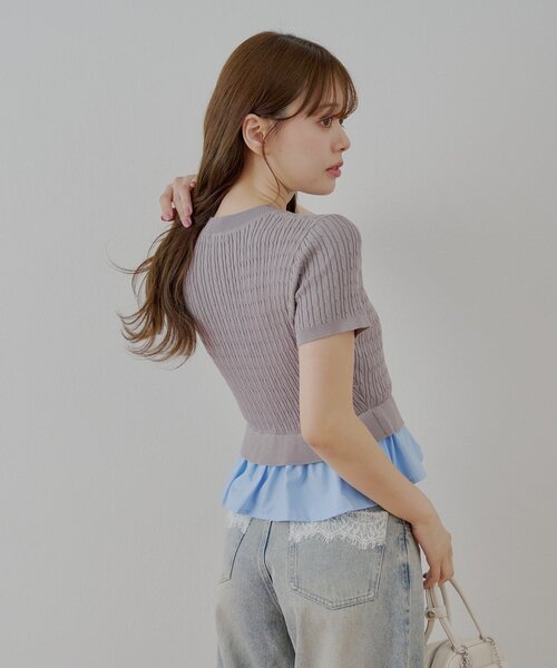 裾ドッキングケーブル半袖ニット