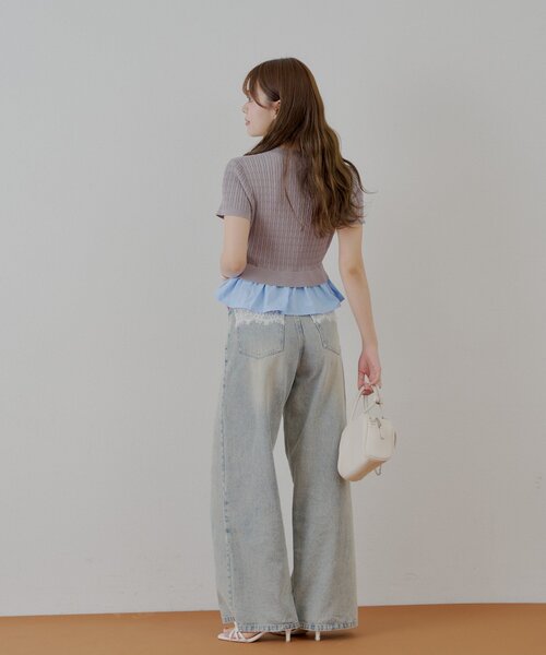 裾ドッキングケーブル半袖ニット