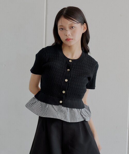チョココロネ　Cニット ブラック CLANE VELOR COLLAR KNIT TOPS（ニット/セーター）｜CLANE（クラネ）の