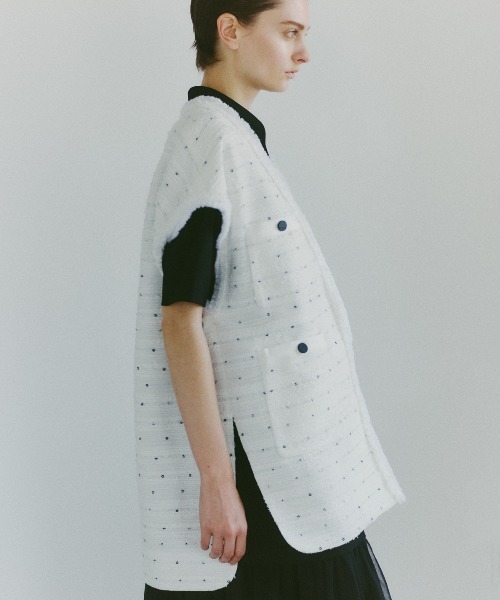 セール】フラワースパングルツィードジャケット（ノーカラー