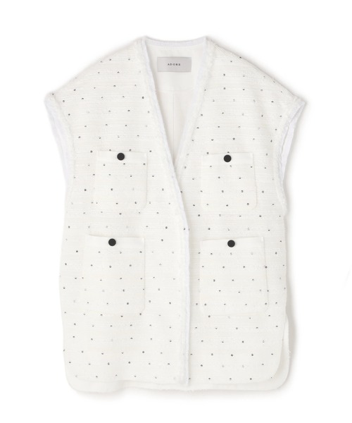 セール】フラワースパングルツィードジャケット（ノーカラー