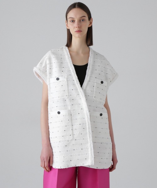 セール】フラワースパングルツィードジャケット（ノーカラー