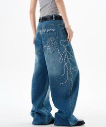 デニムパンツ（ブルー・ネイビー/青色系・花柄・ボタニカル柄