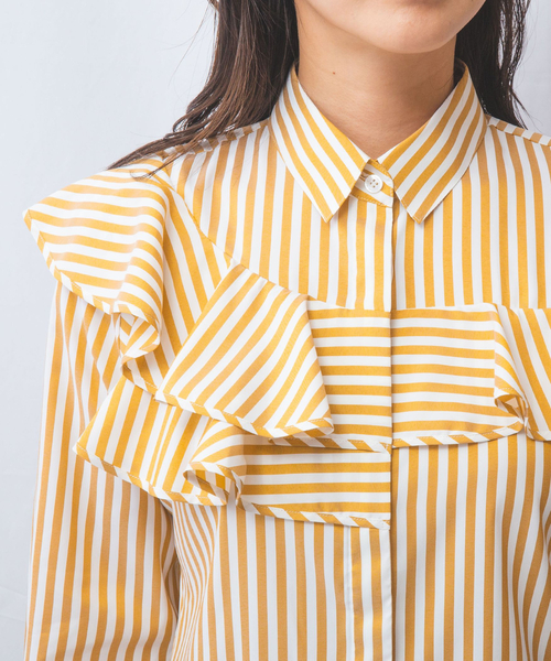 ナラカミーチェ（NARACAMICIE）/【NARACAMICIE】ストレッチストライプフロントフリル長袖シャツ セール】【NARACAMICIE】ストレッチストライプフロントフリル長袖