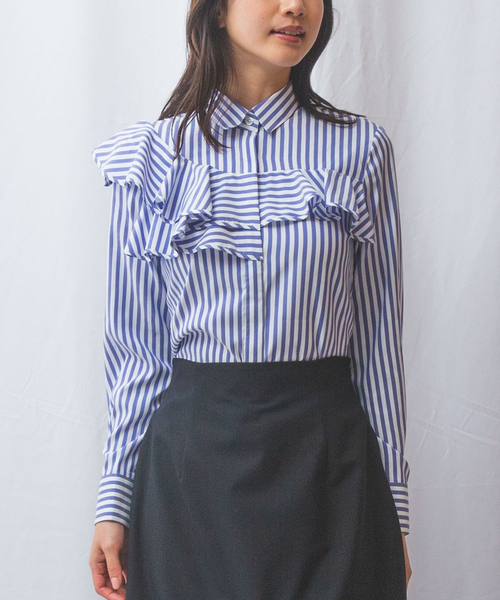 NARACAMICIE(ナラカミーチェ)の「【NARACAMICIE】ストレッチストライプフロントフリル長袖シャツ(シャツ/ブラウス・レディース・ブラウン/ブルー・M/L)」の13枚目の写真