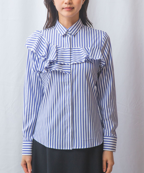 NARACAMICIE(ナラカミーチェ)の「【NARACAMICIE】ストレッチストライプフロントフリル長袖シャツ(シャツ/ブラウス・レディース・ブラウン/ブルー・M/L)」の14枚目の写真