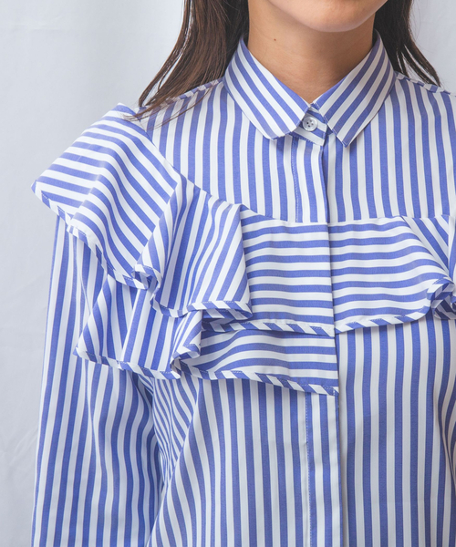 セール】【NARACAMICIE】ストレッチストライプフロントフリル長袖