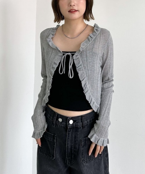 archives（アルシーヴ）の「フリルシアーリブニットカーディガン（カーディガン/ボレロ・レディース・オフホワイト/ブラック/グレー・MEDIUM）」の5枚目の写真