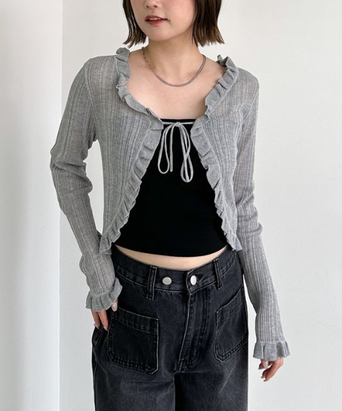 archives（アルシーヴ）の「フリルシアーリブニットカーディガン（カーディガン/ボレロ・レディース・オフホワイト/ブラック/グレー・MEDIUM）」の6枚目の写真