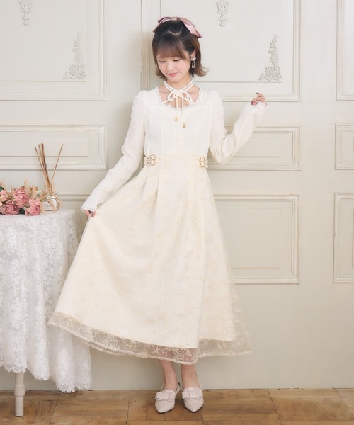 couture BY ROJITA(クチュールバイロジータ)の「フラワー刺繍ドッキングワンピース(ワンピース・レディース・ブルー/アイボリー/ブラック/ピンク・FREE)」の2枚目の写真