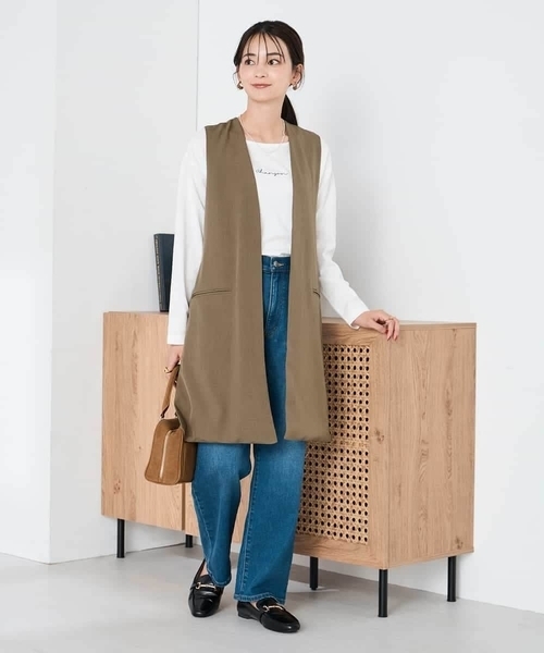a.v.v(アーヴェヴェ)の「異素材切り替えロングジレ(ベスト・レディース・ブラック/モカ・39)」の9枚目の写真