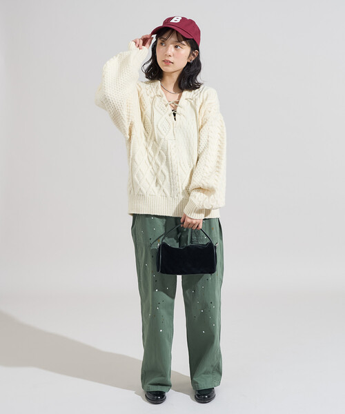 FREAK'S STORE（フリークスストア）の「2way リメイク風 ケーブル レースアップ ニットプルオーバー/バックリボン ビッグシルエットニット（ニット/セーター・レディース・ネイビー/ブラウン/オフホワイト・ﾌﾘ-）」の14枚目の写真