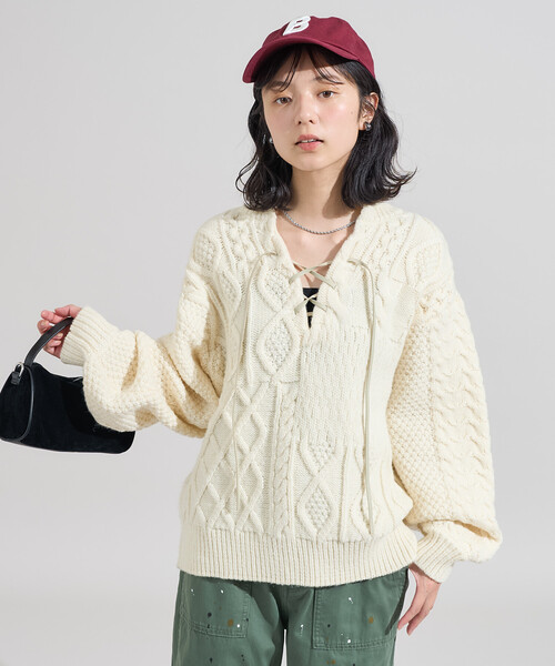 FREAK'S STORE（フリークスストア）の「2way リメイク風 ケーブル レースアップ ニットプルオーバー/バックリボン ビッグシルエットニット（ニット/セーター・レディース・ネイビー/ブラウン/オフホワイト・ﾌﾘ-）」の18枚目の写真