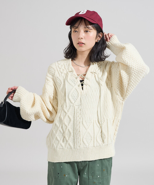 FREAK'S STORE（フリークスストア）の「2way リメイク風 ケーブル レースアップ ニットプルオーバー/バックリボン ビッグシルエットニット（ニット/セーター・レディース・ネイビー/ブラウン/オフホワイト・ﾌﾘ-）」の19枚目の写真