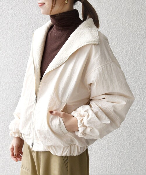 SHIPS any: ナイロン × ボア リバーシブル スタンドカラー ショート