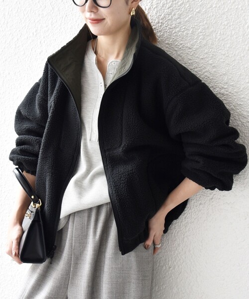 SHIPS any: ナイロン × ボア リバーシブル スタンドカラー ショート