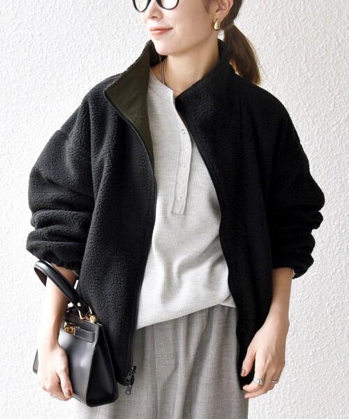 ❤リバーシブル ❤dopタンバリン【black✕black】&ラビットボアベスト SHIPS any: ナイロン × ボア リバーシブル スタンドカラー ショート