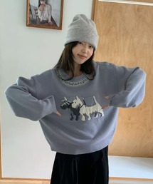 秋冬マスト/ワンちゃん刺繍風ニットプルオーバー