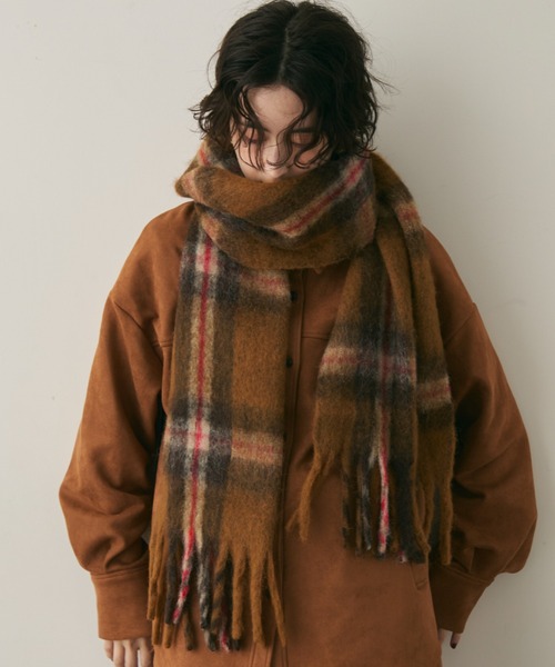 セール】ウール混シャギーチェックマフラー（ストール/ショール