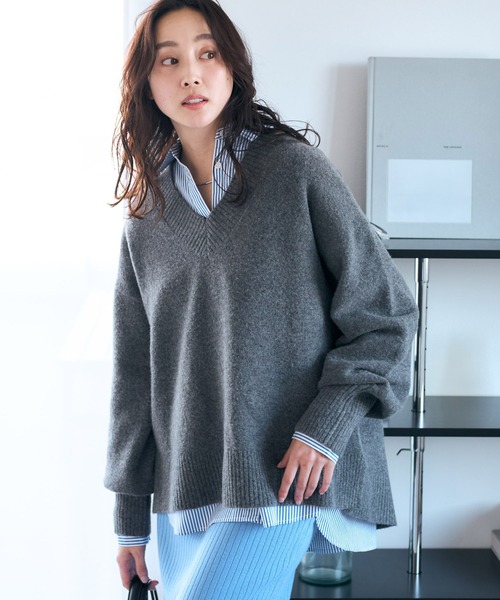 Elura(エルーラ)の「スフレVネックニット/612204(ニット/セーター・レディース・オフホワイト/ライトピンク/ライトイエロー/グレー/チャコールグレー/ブラウン・FREE)」の3枚目の写真