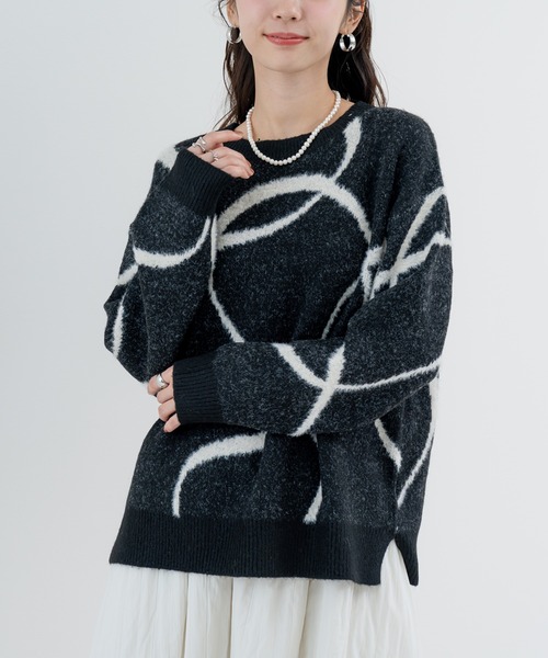 ANNA LUNA(アンナルナ)の「【ANNA LUNA】 大人モード な 幾何柄 ジャガード ニット(ニット/セーター・レディース・グレー/オフホワイト/ブラック・MEDIUM)」の2枚目の写真