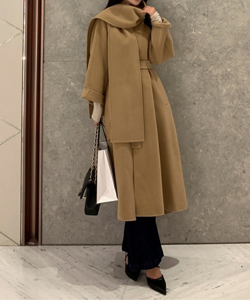 ショール付きウールタッチベルトロングコート（トレンチコート）｜CHUL