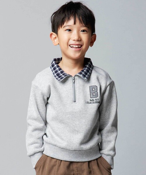 BeBe（ベベ）の「裏起毛チェック切り替えハーフジップトレーナー（スウェット・キッズ・イエロー/グレー・140cm/130cm/150cm/120cm/110cm）」の8枚目の写真