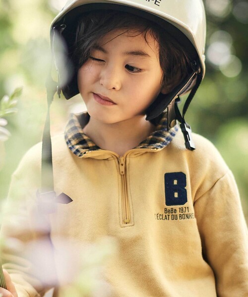 BeBe（ベベ）の「裏起毛チェック切り替えハーフジップトレーナー（スウェット・キッズ・イエロー/グレー・140cm/130cm/150cm/120cm/110cm）」の12枚目の写真