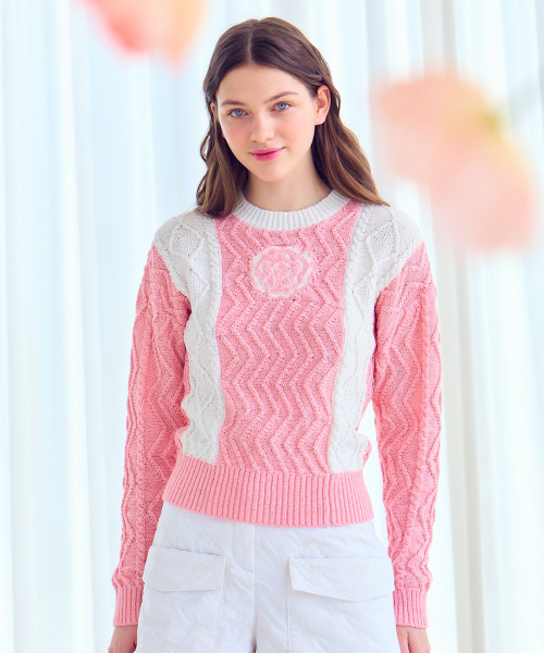 LORDLOAR(ロードロアル)の「ローズケーブル配色プルオーバー PINK(ニット/セーター・レディース・その他・SMALL/MEDIUM)」の1枚目の写真