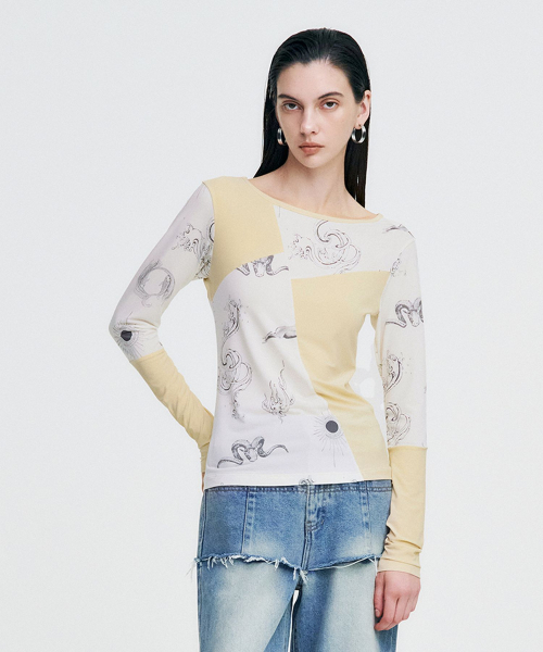 KIMZISU（キムジス）の「Elemental Motif Patchwork T-shirt _ YELLOW（Tシャツ/カットソー・レディース・その他・ONE SIZE）」の4枚目の写真