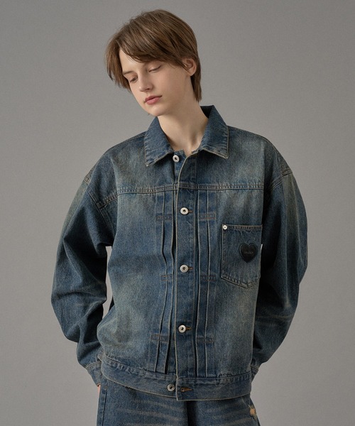 ONCILY（オンシェリー）の「【セットアップ可能】DOT LEATHER PATCH DENIM JACKET / ドットレザーパッチデニムジャケット（デニムジャケット・メンズ・インディゴブルー/ブラック・SMALL/MEDIUM/LARGE）」の2枚目の写真