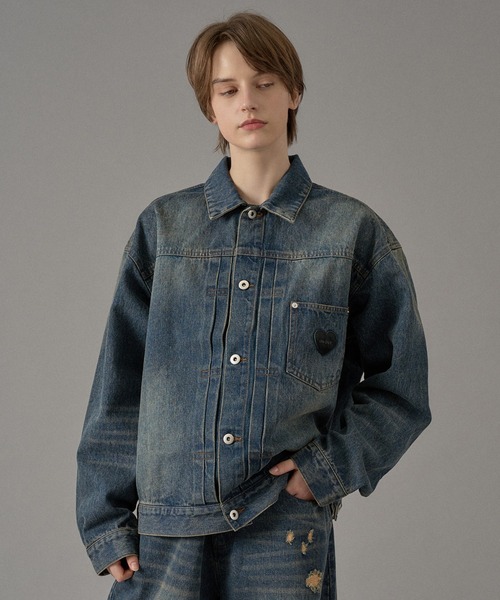 ONCILY（オンシェリー）の「【セットアップ可能】DOT LEATHER PATCH DENIM JACKET / ドットレザーパッチデニムジャケット（デニムジャケット・メンズ・インディゴブルー/ブラック・SMALL/MEDIUM/LARGE）」の14枚目の写真