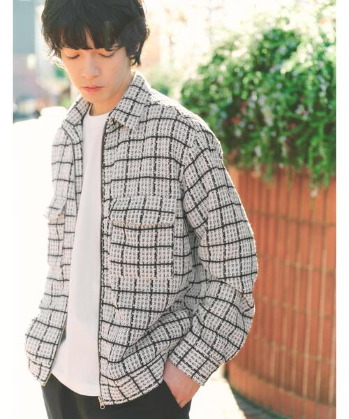 off-white チェックブルゾン　マホト着用 カジュアルに上品さをプラス】変わり織ツイードブルゾン 洗濯機OK