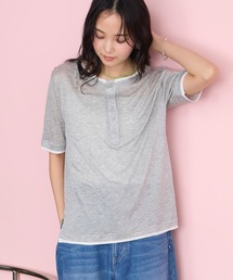 【forksy.】＜エブリデイシリーズ＞クールシアー 配色 ヘンリーネック Tシャツ / 接触冷感