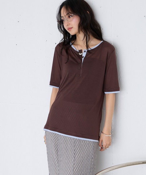 forksy.(フォルクシー)の「【forksy.】<エブリデイシリーズ>クールシアー 配色 ヘンリーネック Tシャツ / 接触冷感(Tシャツ/カットソー・レディース・杢グレー/ピンク/イエロー/オフホワイト/ブラウン/ブラック/ライトブルー・FREE)」の4枚目の写真